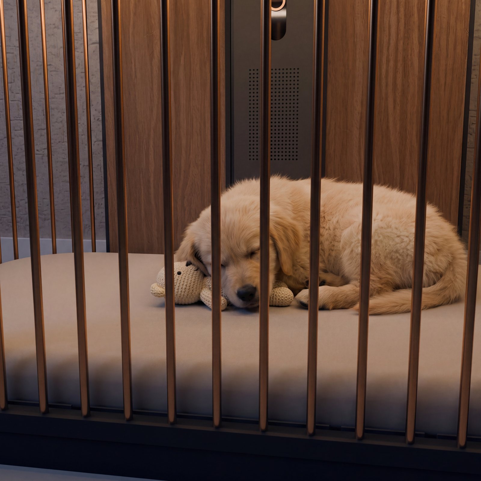A golden puppy inside Koja, first night home