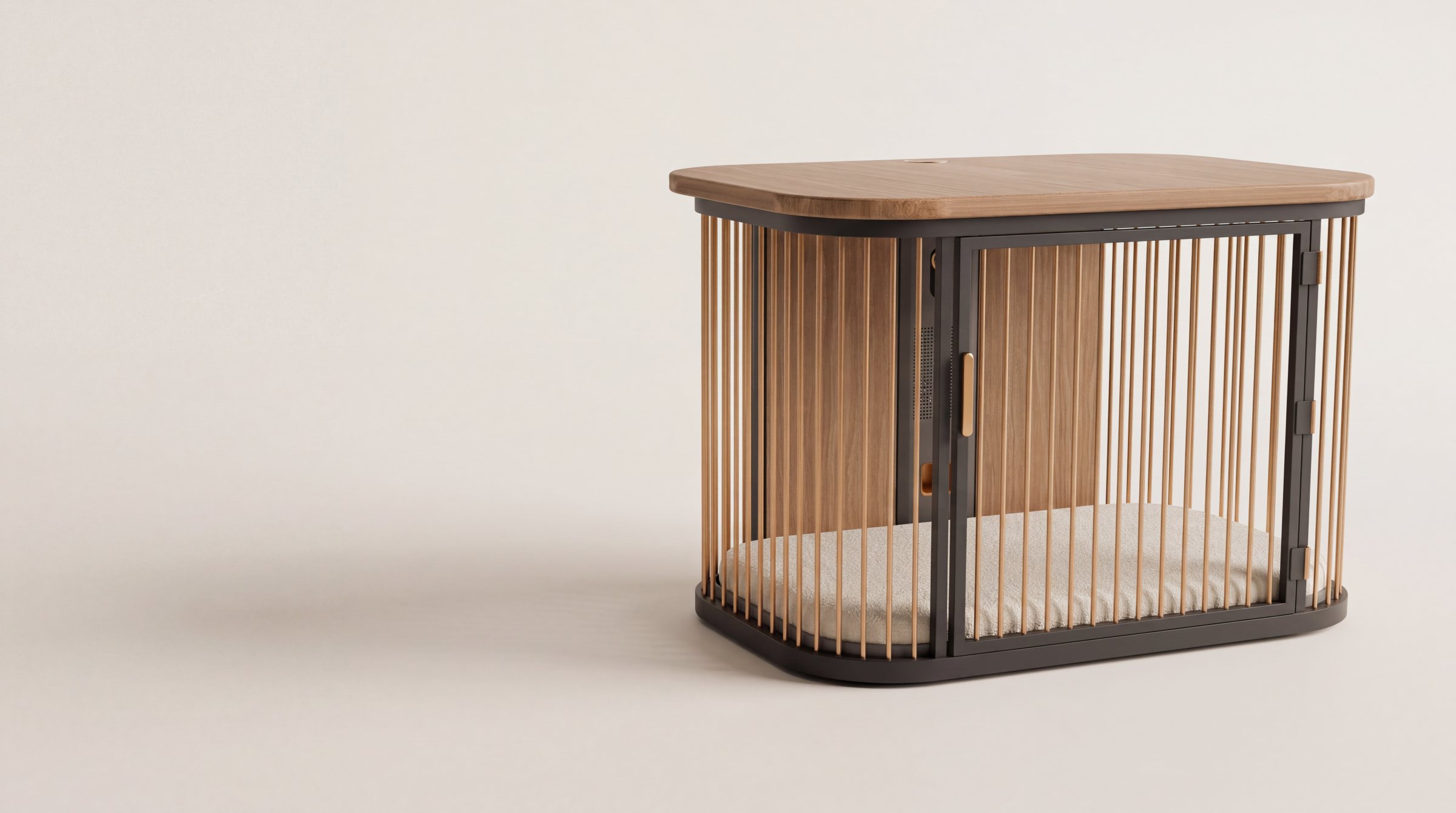 The Koja smart crate in pale oak, satin bronze and matte black