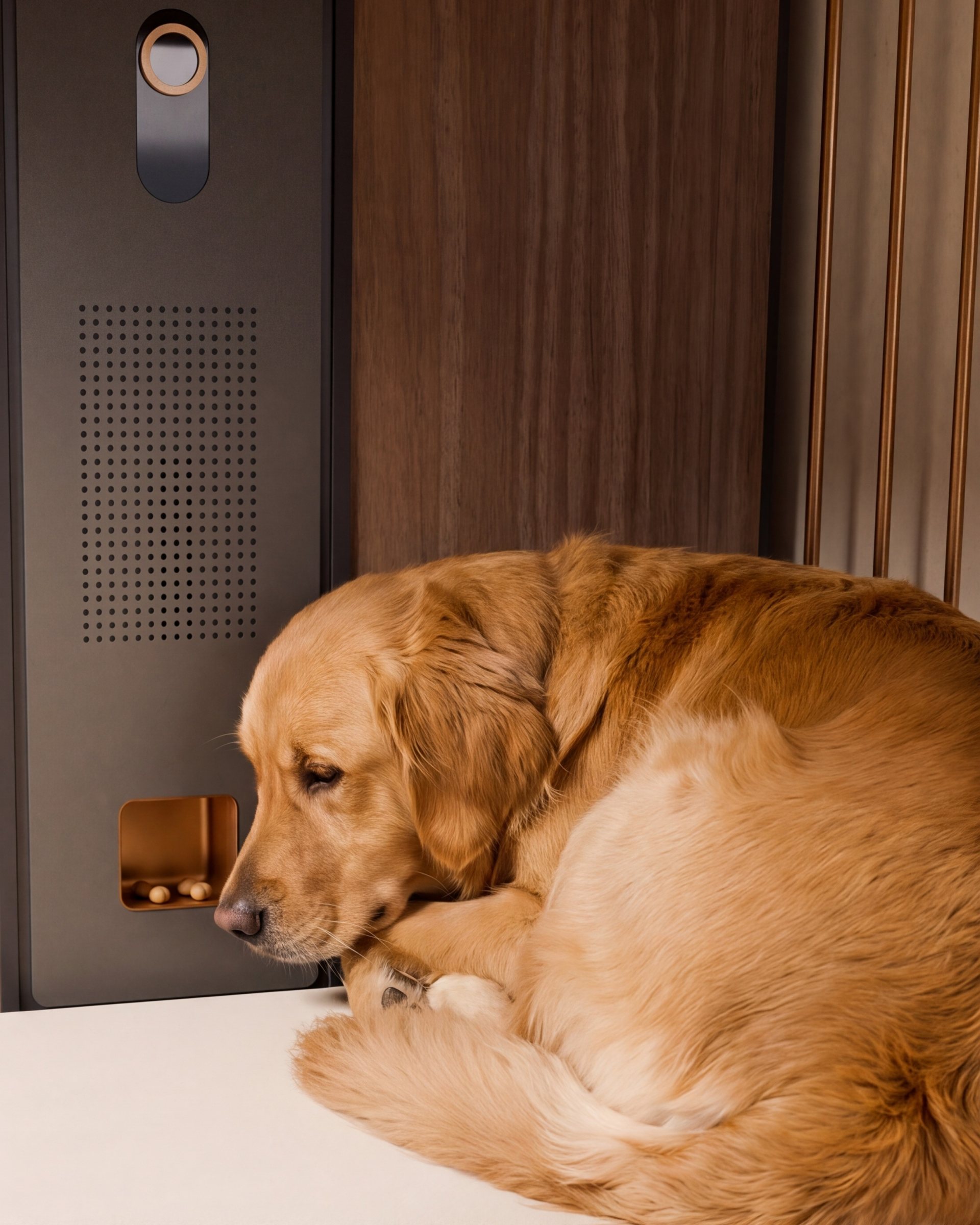 A golden retriever lying beside the Tech Bar's recessed treat nook