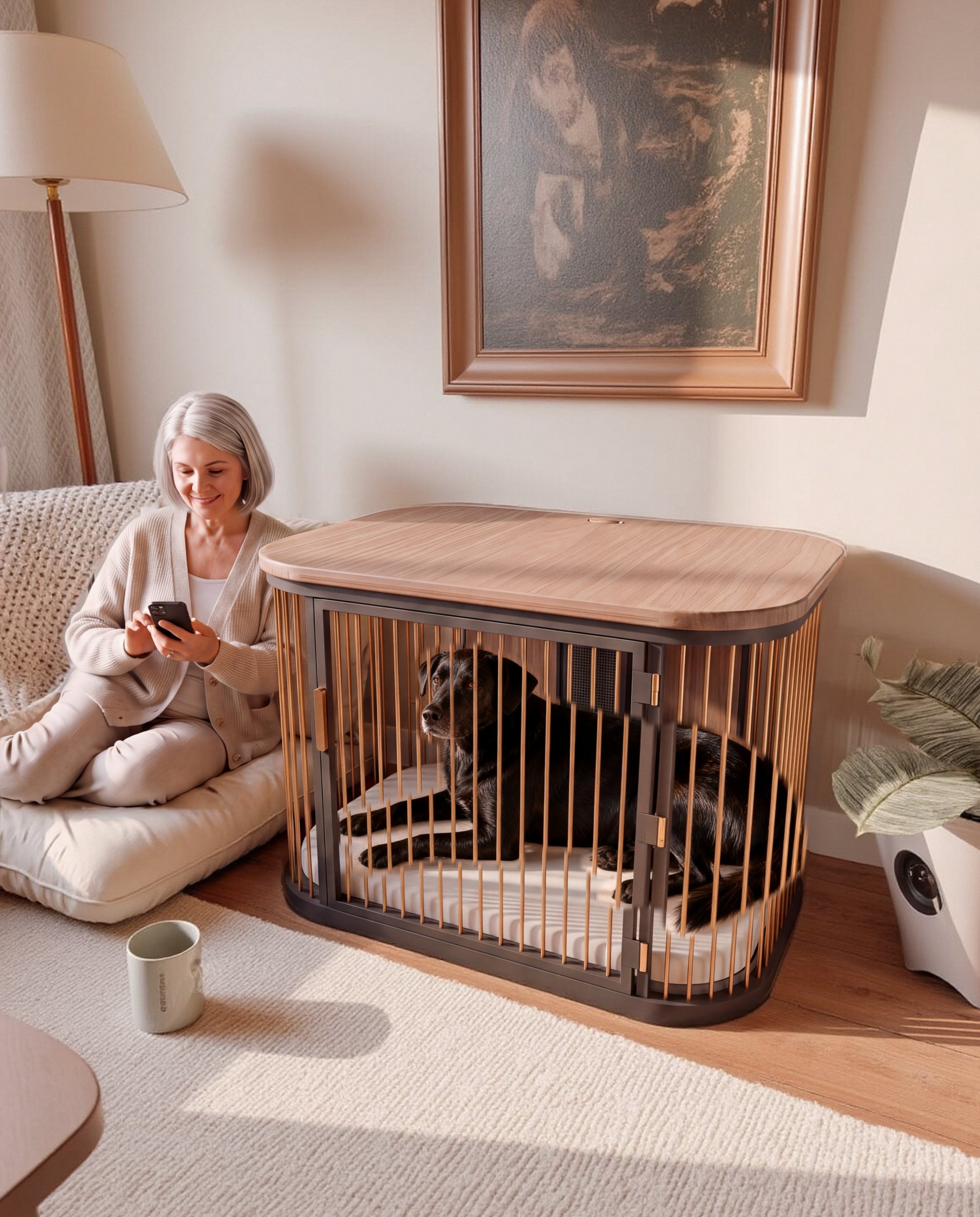 A grandmother sits beside Koja while the black Lab mix she is looking after rests inside